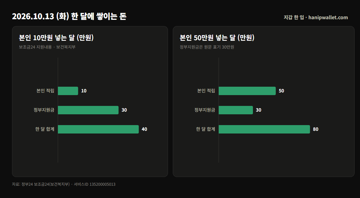 청년내일저축계좌 본인 적립 10만원·50만원일 때 정부지원금 30만원과 한 달 합계 막대그래프